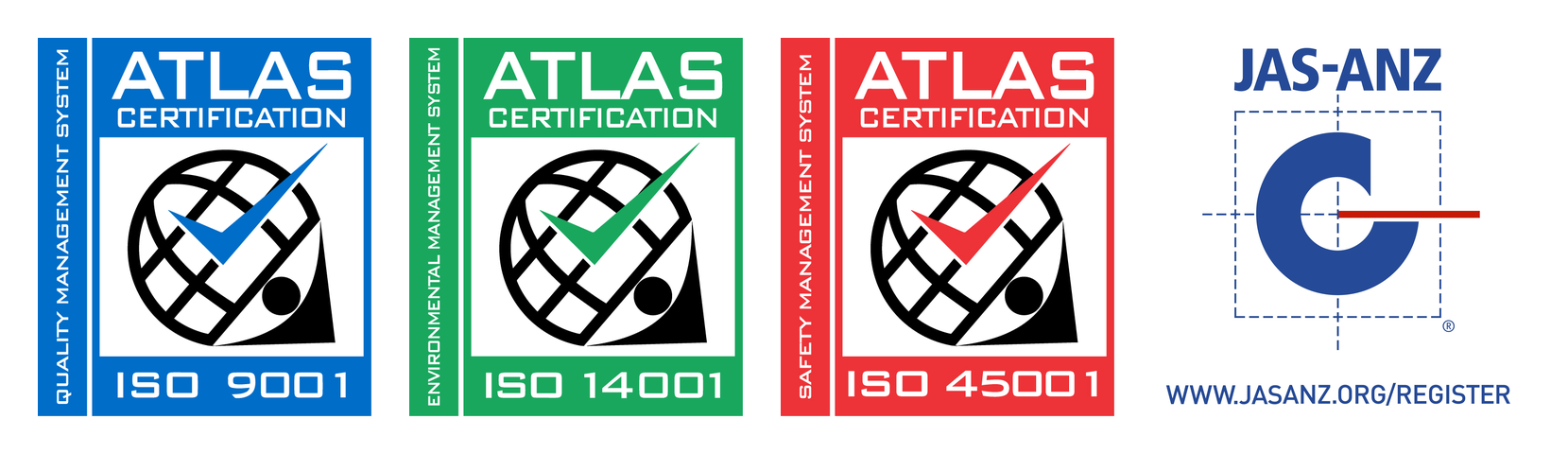 ATLAS Certification marks for ISO 9001, ISO 14001 and ISO 45001, accredited by JAS-ANZ