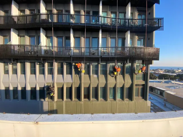 Four rope access technicians working in line on a Melbourne façade