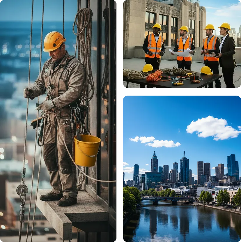 Rope-access technician at height, construction team reviewing equipment, and city skyline by a river under clear skies.