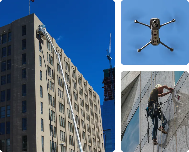 Building maintenance using lift equipment, drone inspection, and rope-access worker on a high-rise facade.