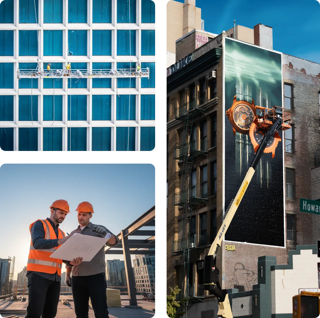 Facade maintenance with suspended platform, boom lift mural work, and construction team reviewing plans on-site.