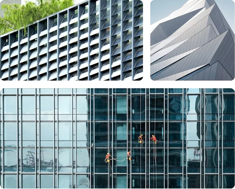 Modern building facades with patterned panels and rope-access workers performing exterior glass maintenance.