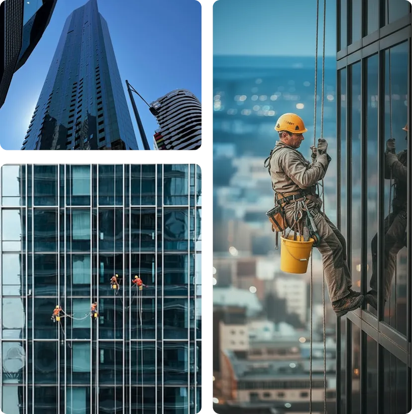 High-rise building facade maintenance with rope-access workers cleaning and inspecting glass exteriors.