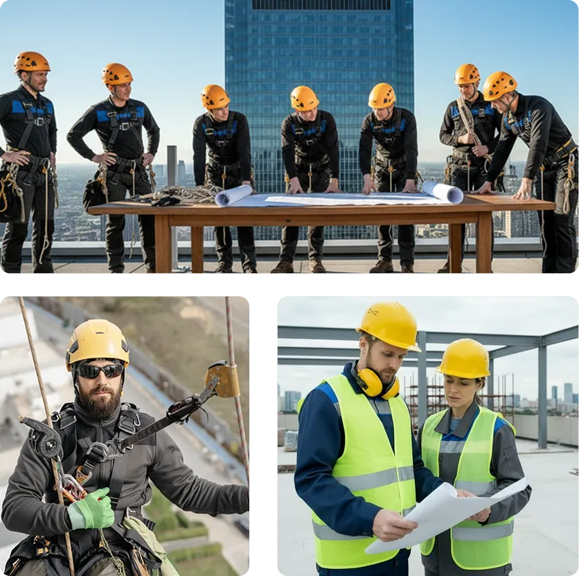 Rope-access technicians reviewing plans on a rooftop, with workers inspecting equipment and discussing construction drawings.