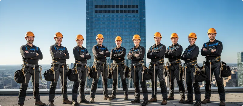 Team of rope-access technicians in safety gear standing confidently on a rooftop with city skyline in the background.