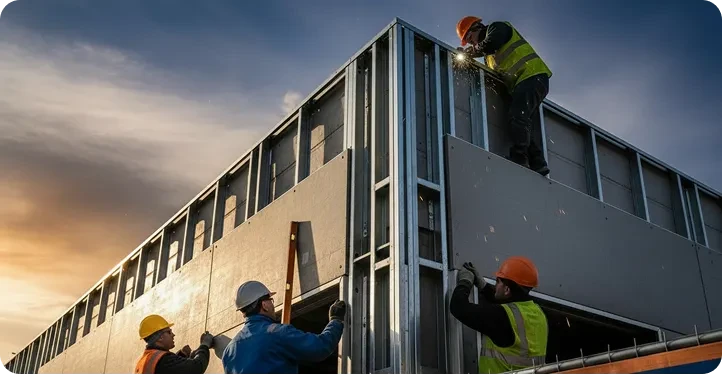 Construction workers installing exterior wall panels on a steel-framed structure at sunset.