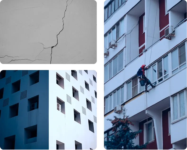 Wall crack detail, building facade, and rope-access worker performing exterior inspection and maintenance.