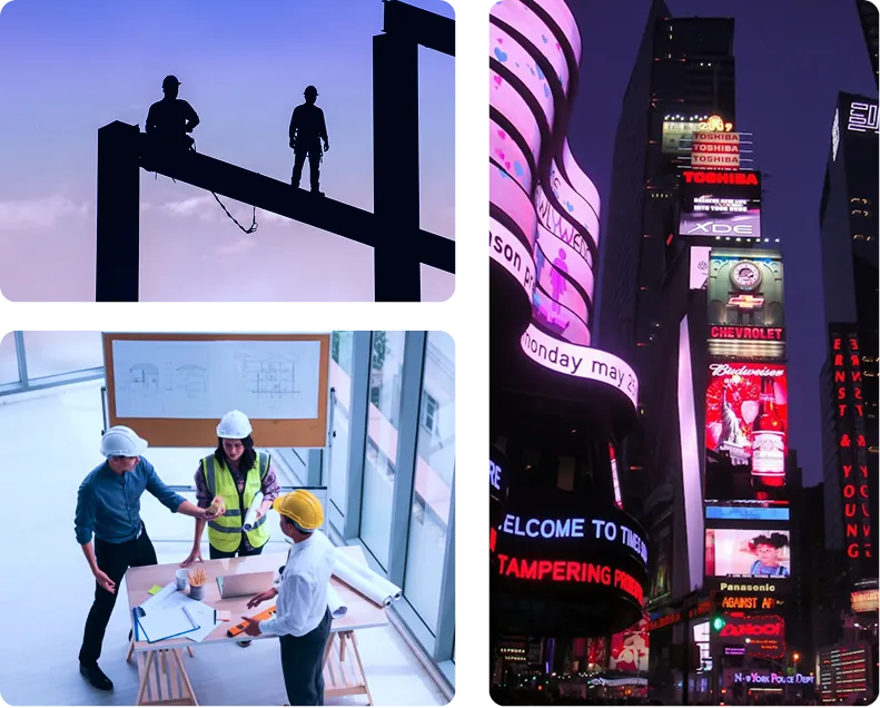 Construction workers silhouetted on steel beams, engineers reviewing plans, and illuminated city billboards at night.